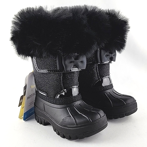 HOT PAWS Youth Girls Black Faux Fur Sparkles Winter Waterproof Boots -30°C Sz 6 - Picture 1 of 16